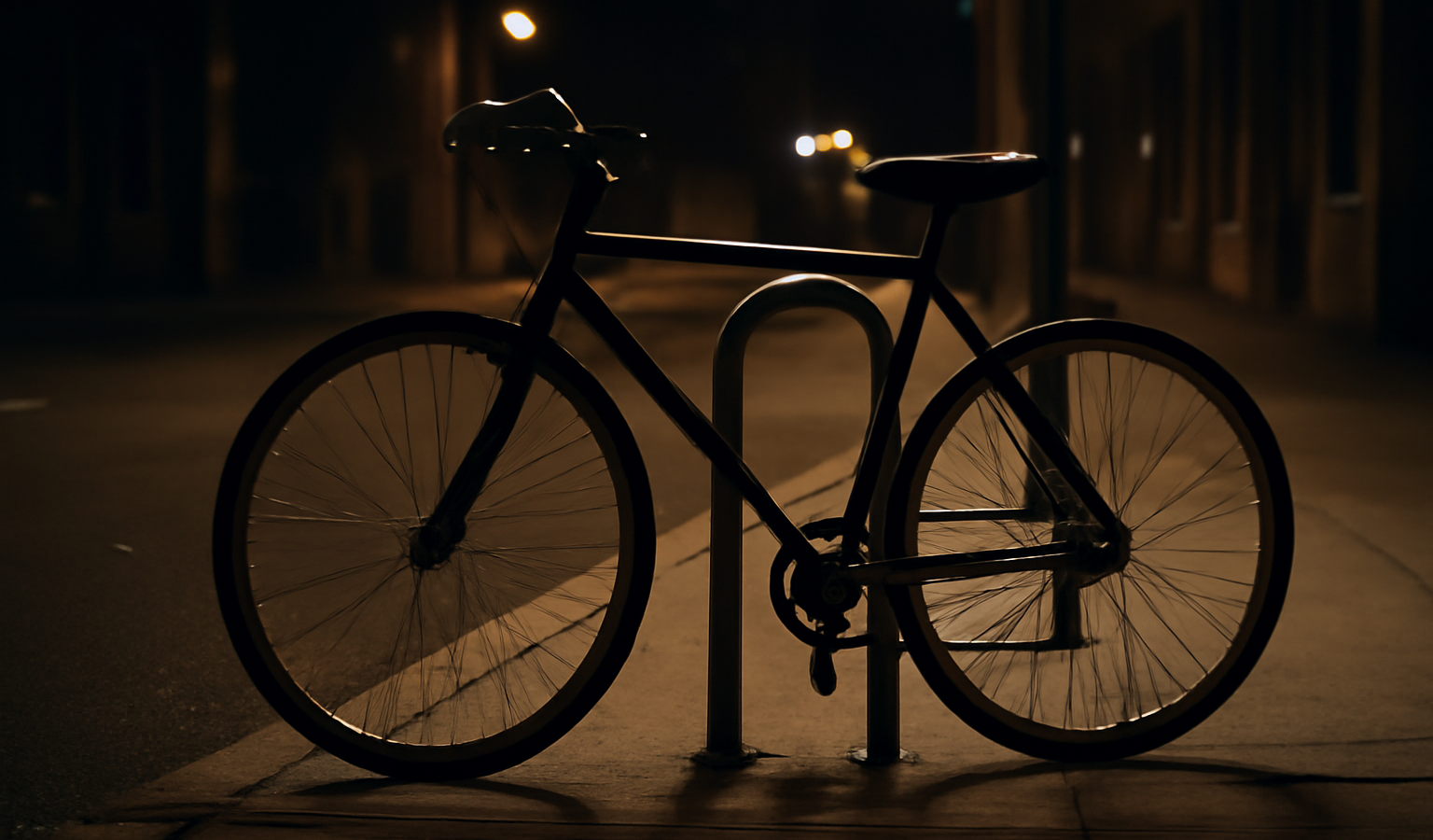 vélo attaché à un arceau urbain la nuit
