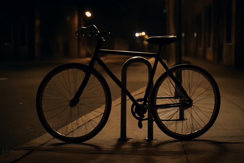 vélo attaché à un arceau urbain la nuit