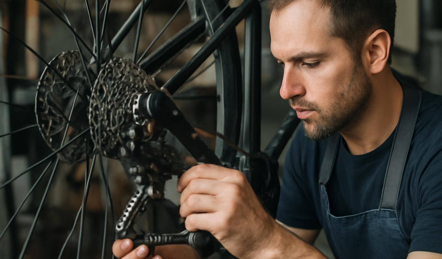 mécanicien ajustant une chaîne de vélo