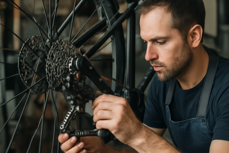 mécanicien ajustant une chaîne de vélo