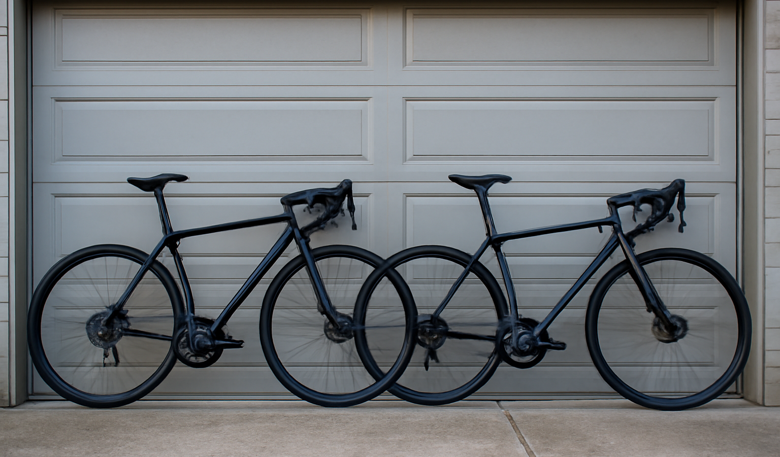 deux vélos de route alignés devant garage
