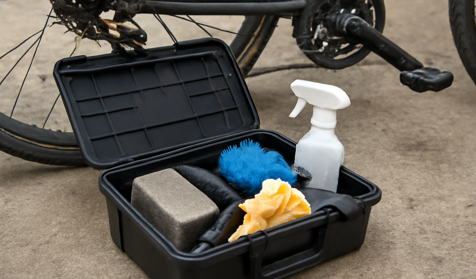 boîte d'outils de nettoyage ouverte près d'un vélo