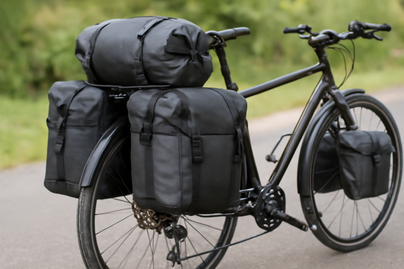 porte-bagages monté sur vélo chargé de sacoches