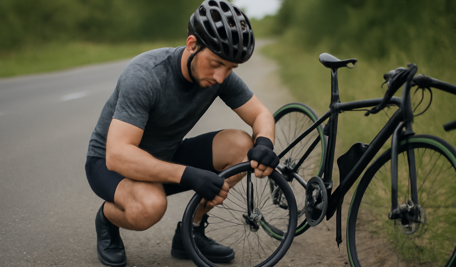cycliste réparant une crevaison en bord de route