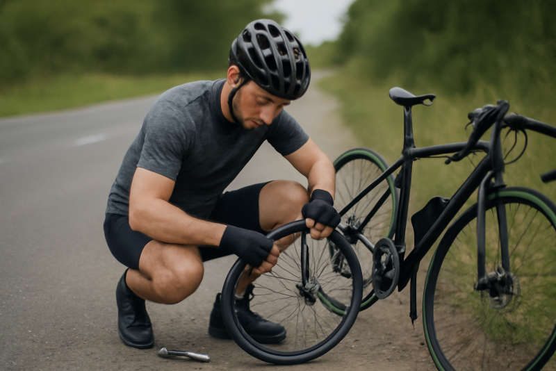 cycliste réparant une crevaison en bord de route