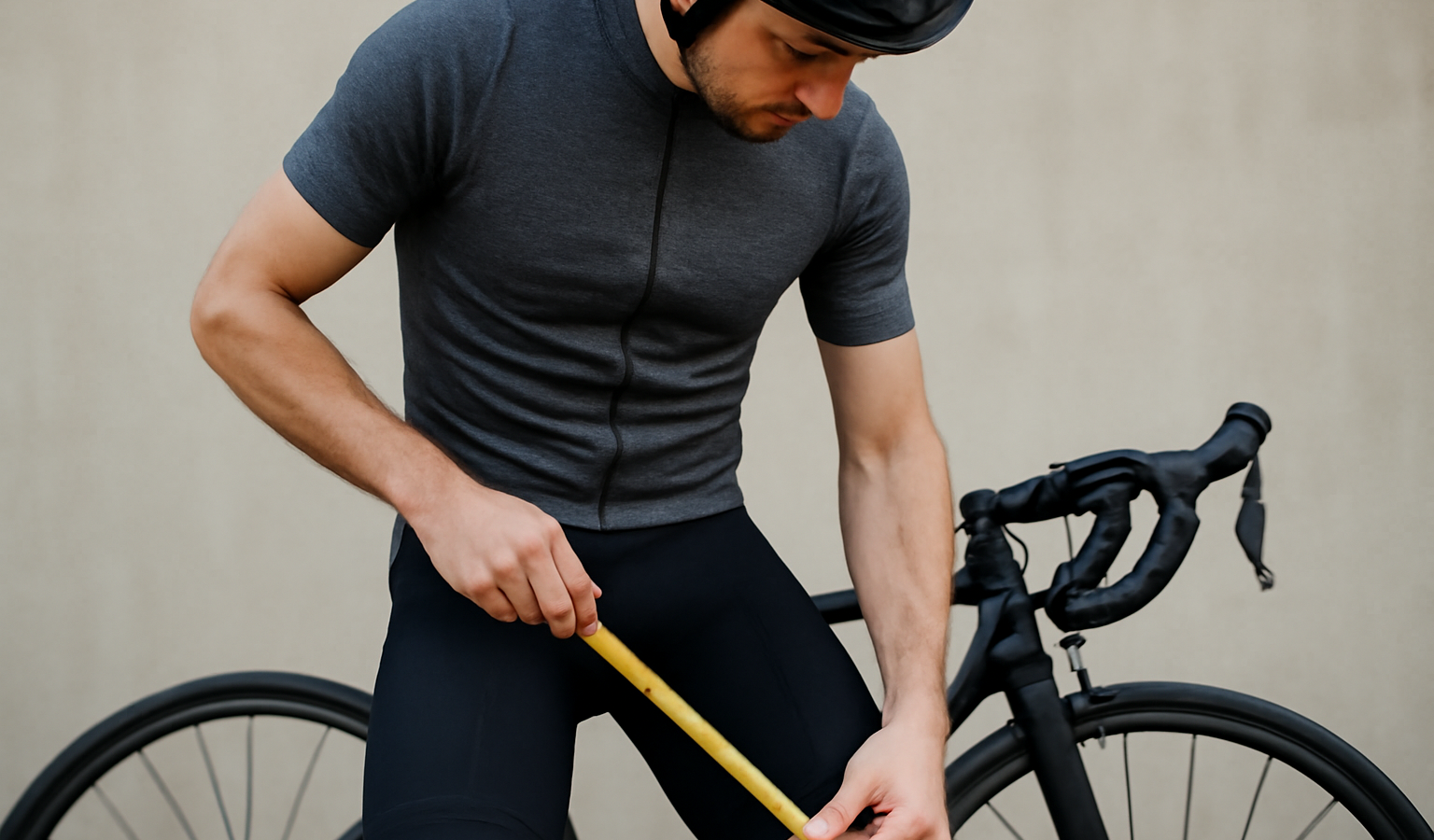 cycliste mesurant l'entrejambe avec ruban
