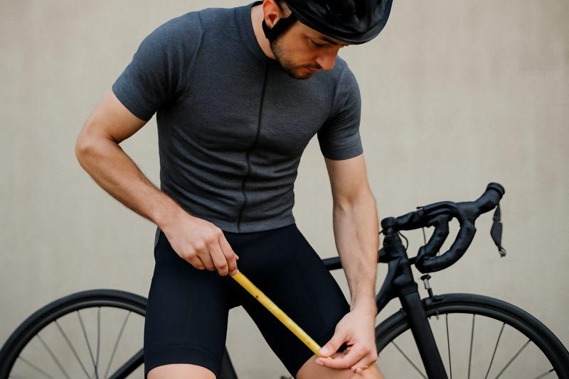 cycliste mesurant l'entrejambe avec ruban