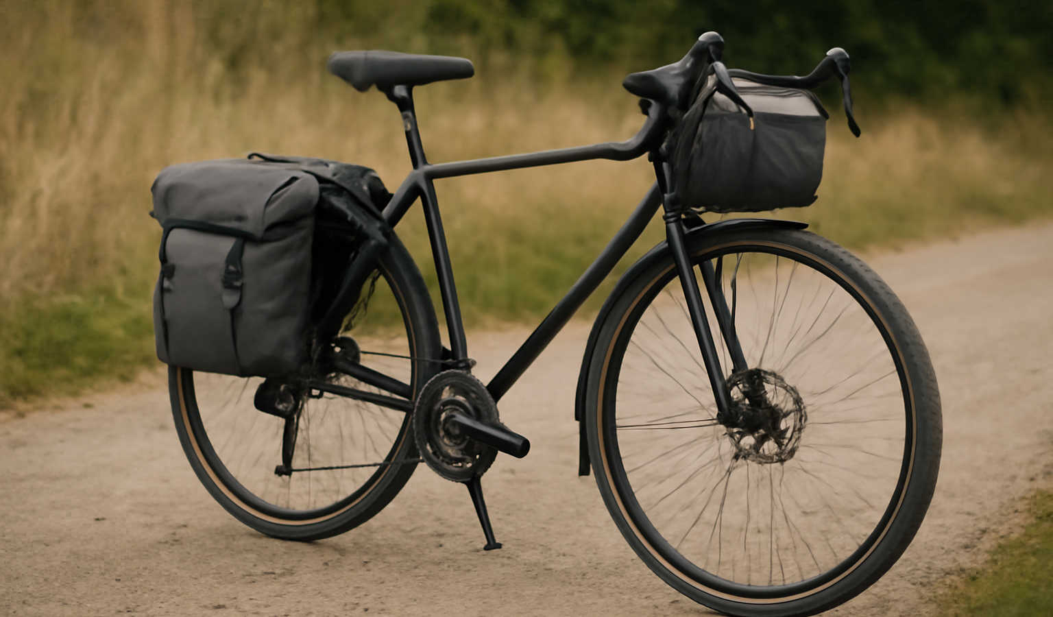 vélo de voyage posé près d'un sacoches