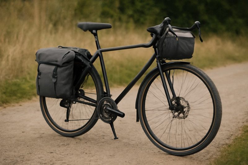 vélo de voyage posé près d'un sacoches