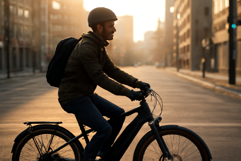 cycliste urbain sur vélo électrique le matin