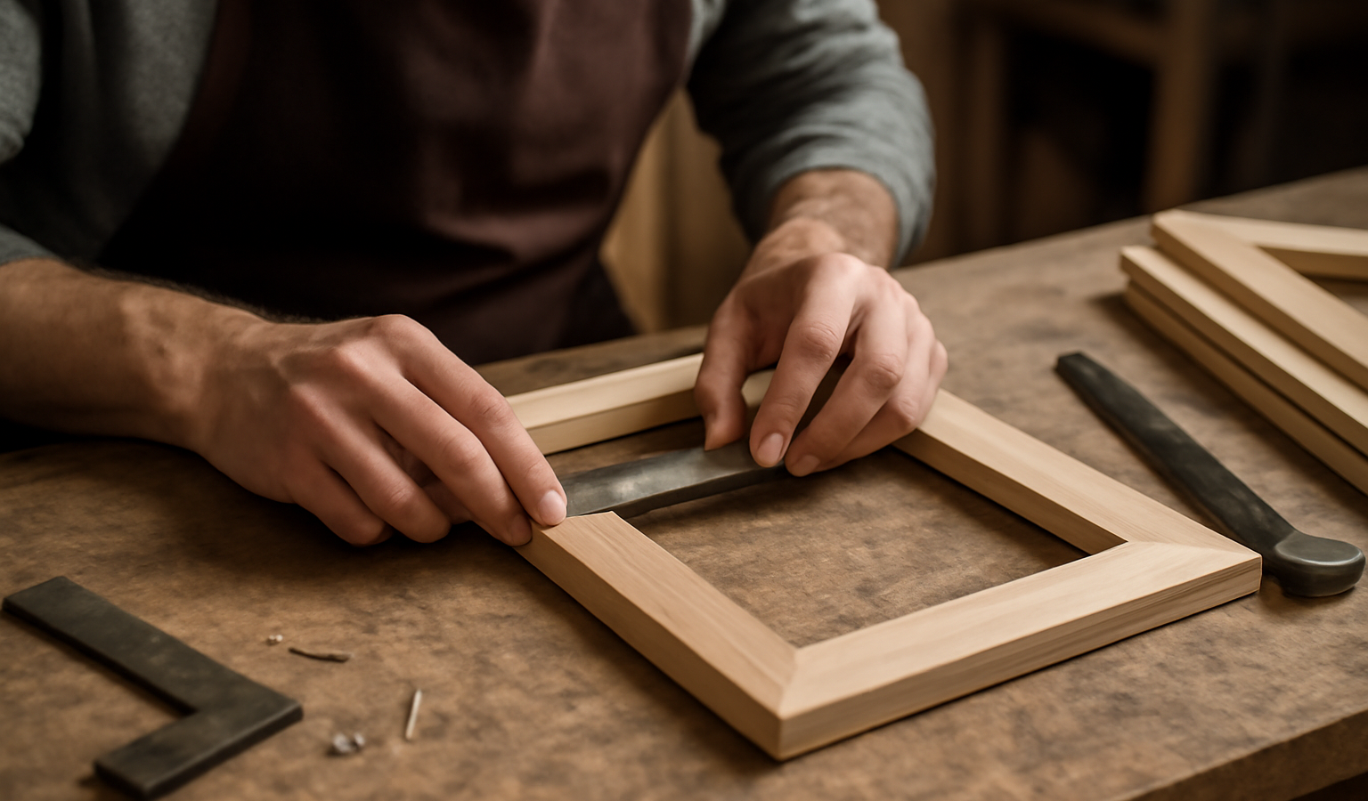 artisan assemblant des pièces sur un cadre sur-mesure