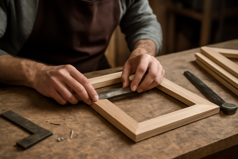 artisan assemblant des pièces sur un cadre sur-mesure