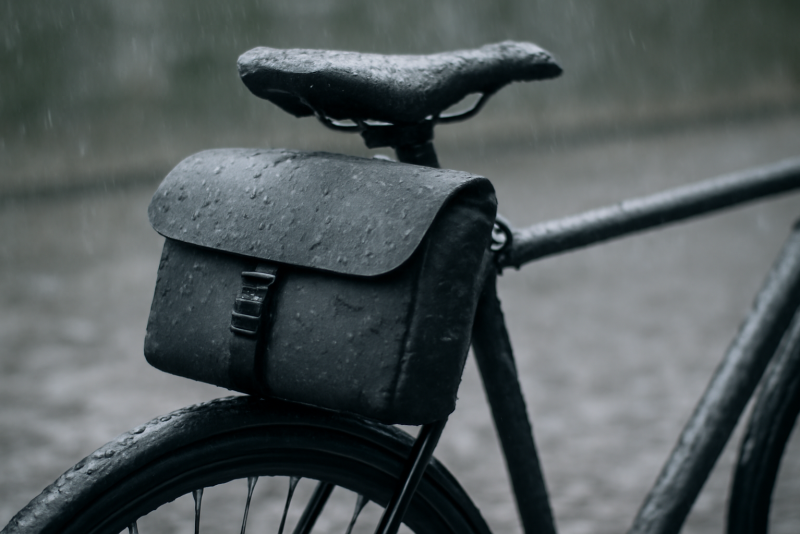 sacoche de velo accrochee sous pluie legere