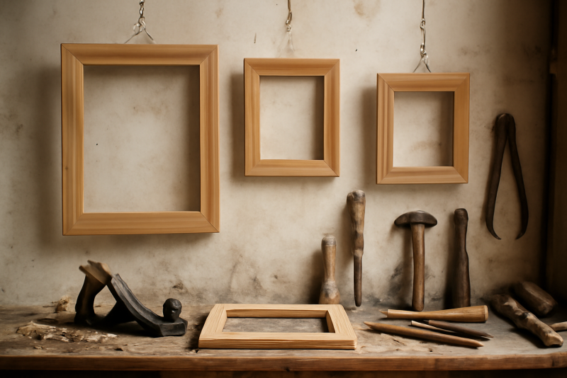 atelier artisanal avec cadres suspendus et outils