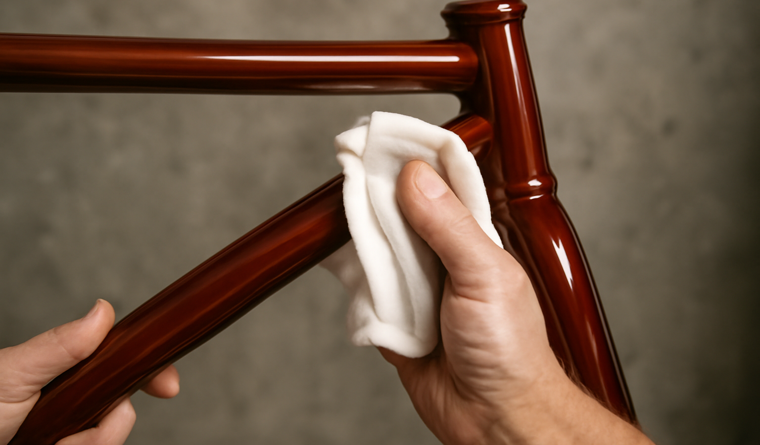 main polissant un cadre de velo vernis
