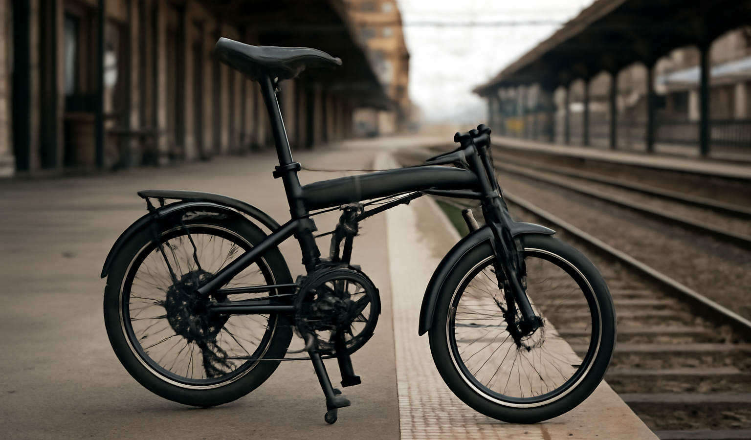 velo pliant replie sur quai de gare