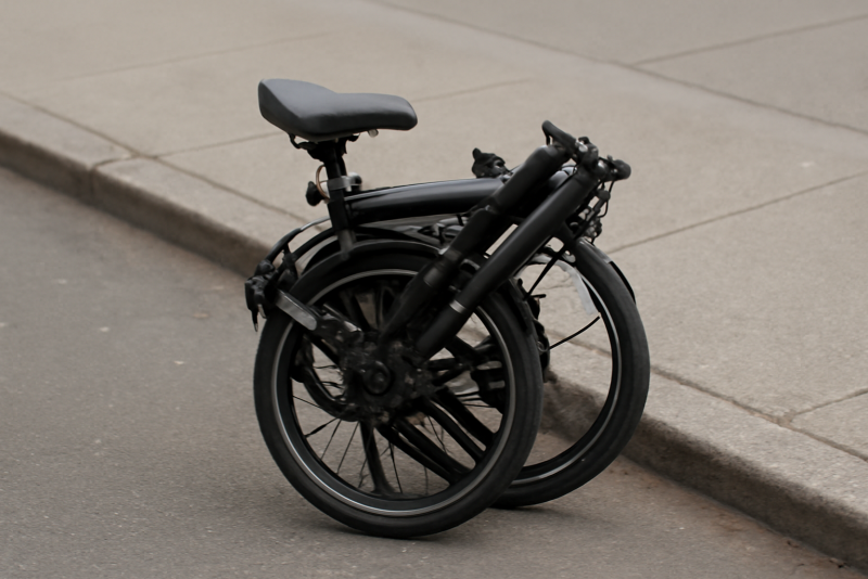 vélo pliant replié posé sur trottoir