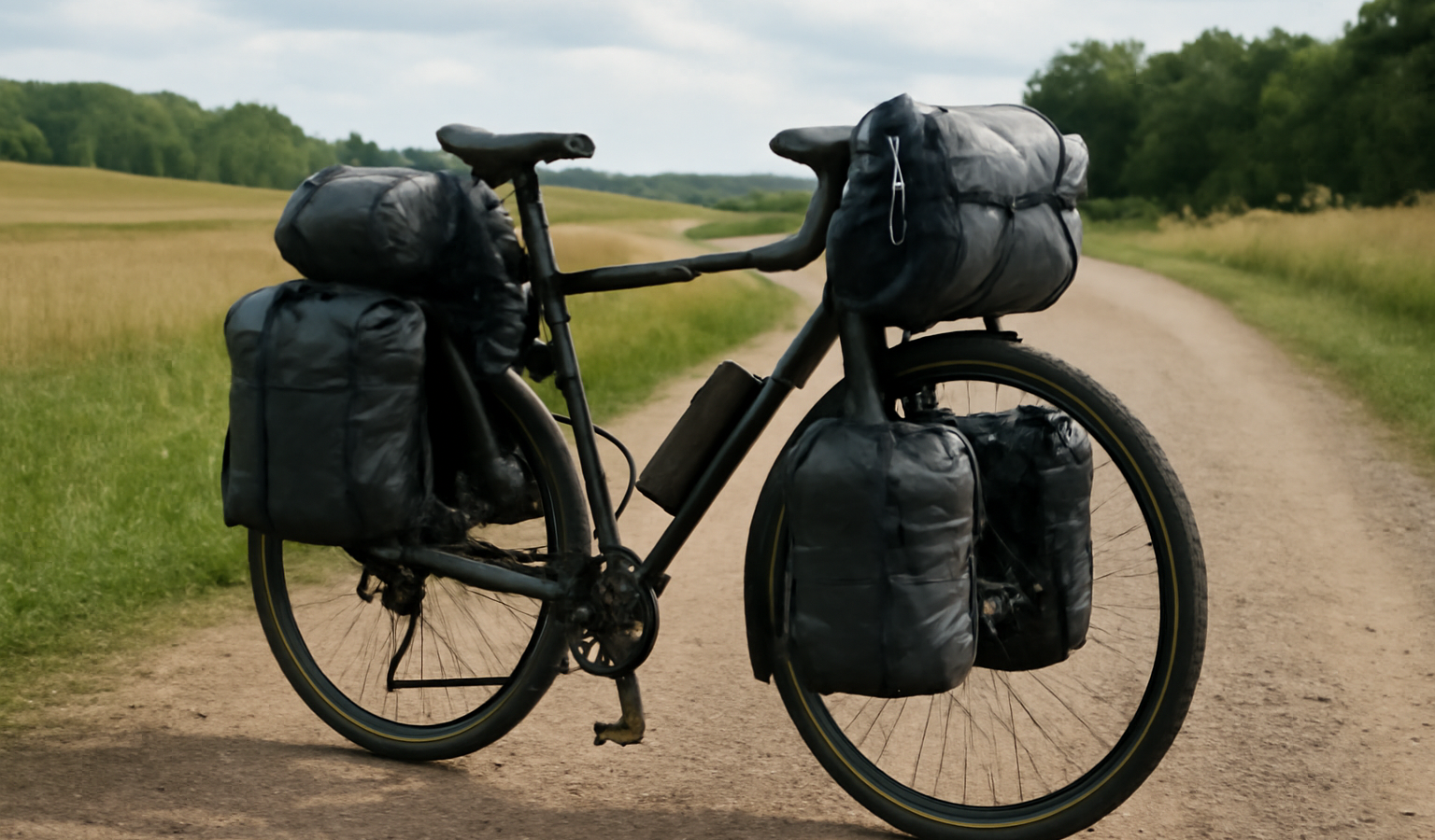 vélo chargé pour voyage sur route de campagne