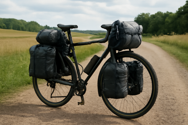 vélo chargé pour voyage sur route de campagne