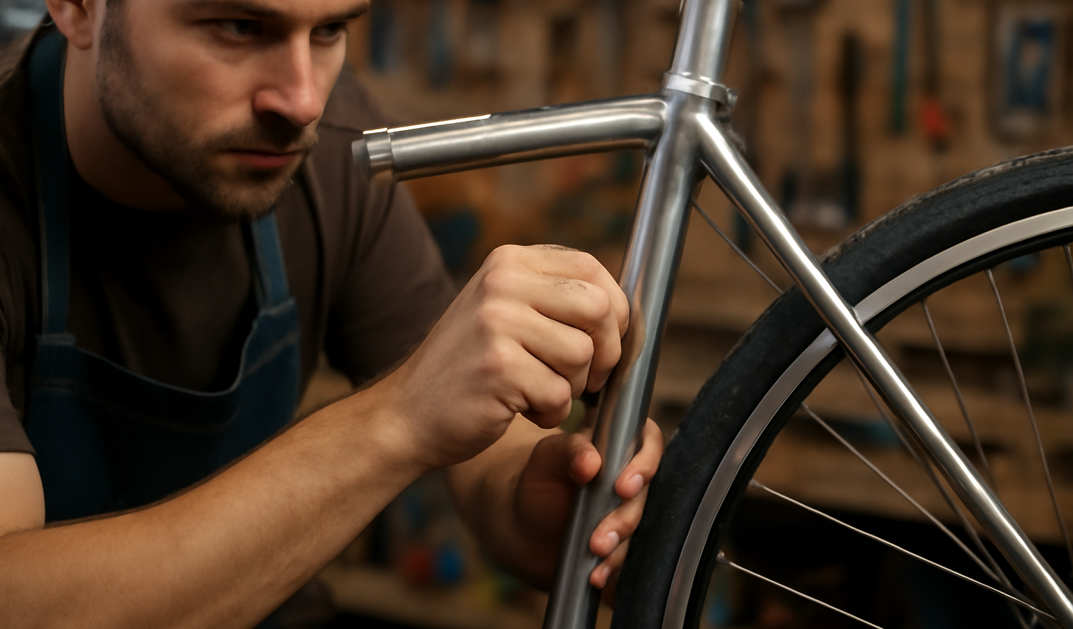 atelier ajustant un cadre de vélo en acier