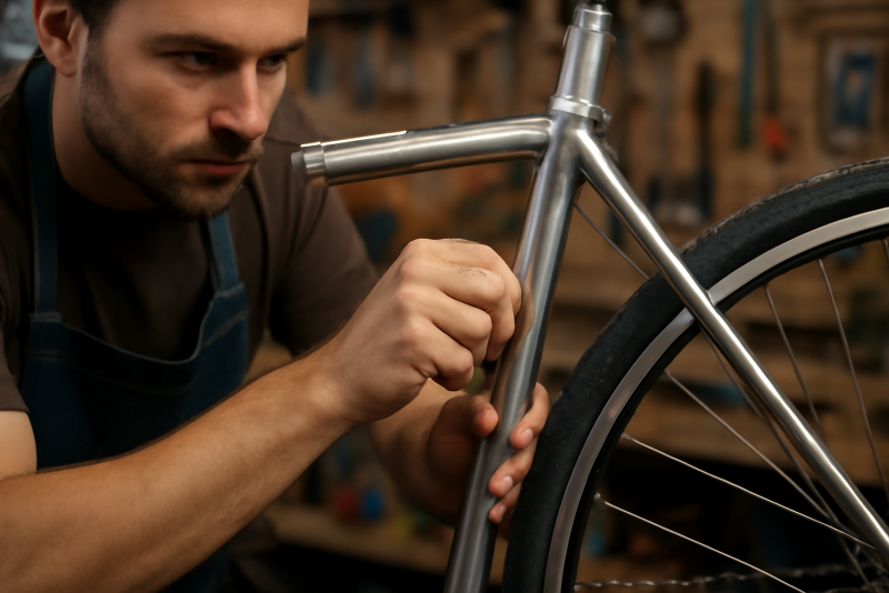 atelier ajustant un cadre de vélo en acier