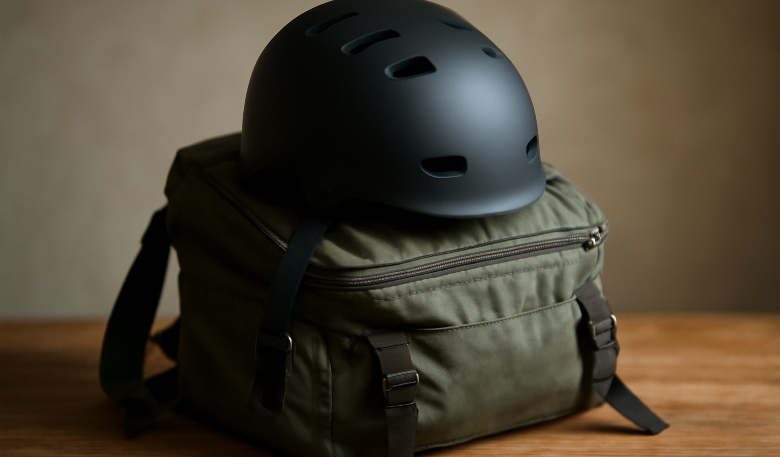 casque posé sur un sac à dos