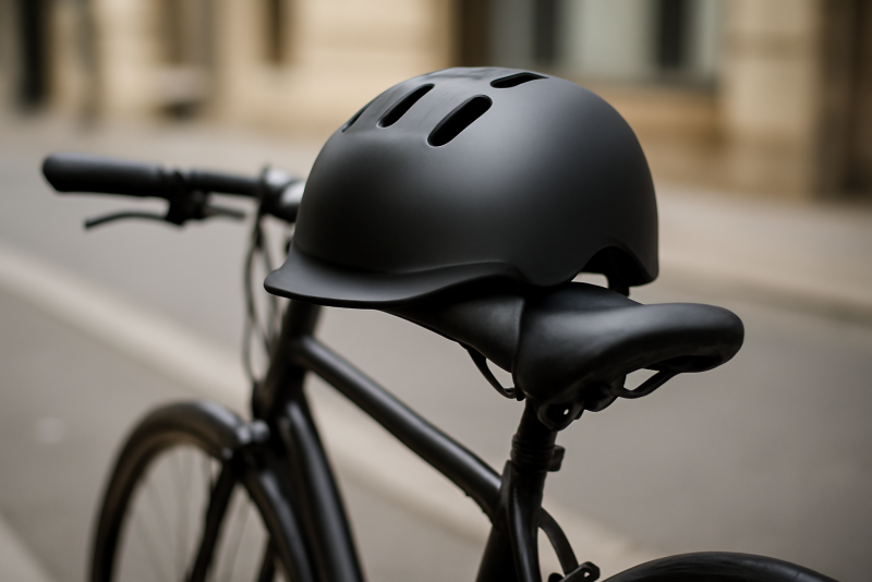 casque pose sur selle de velo urbain