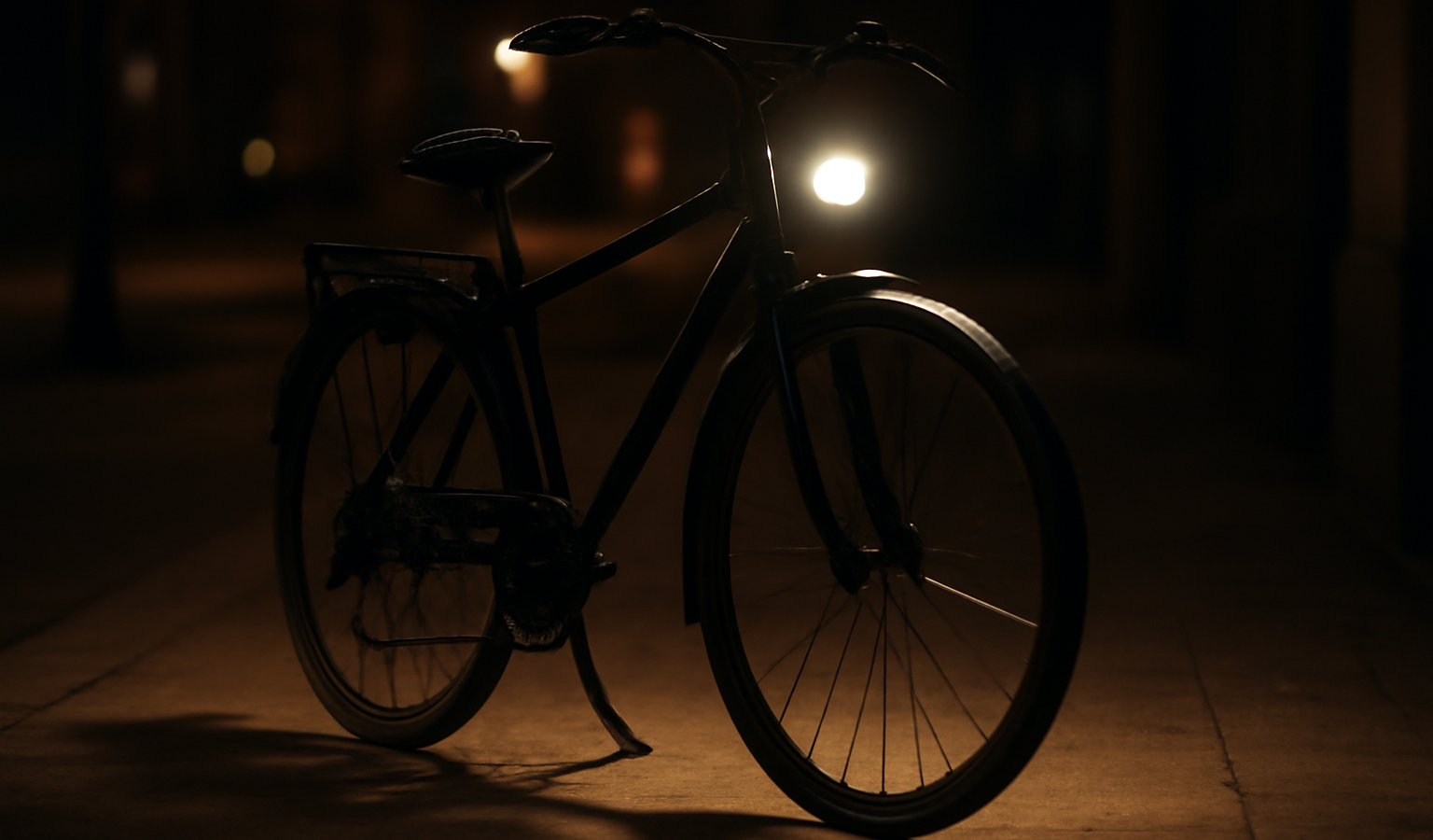 vélo garé avec éclairage allumé nuit