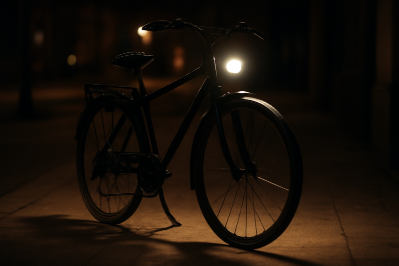 vélo garé avec éclairage allumé nuit
