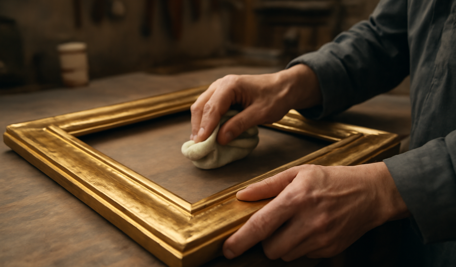 mains polissant un cadre en atelier
