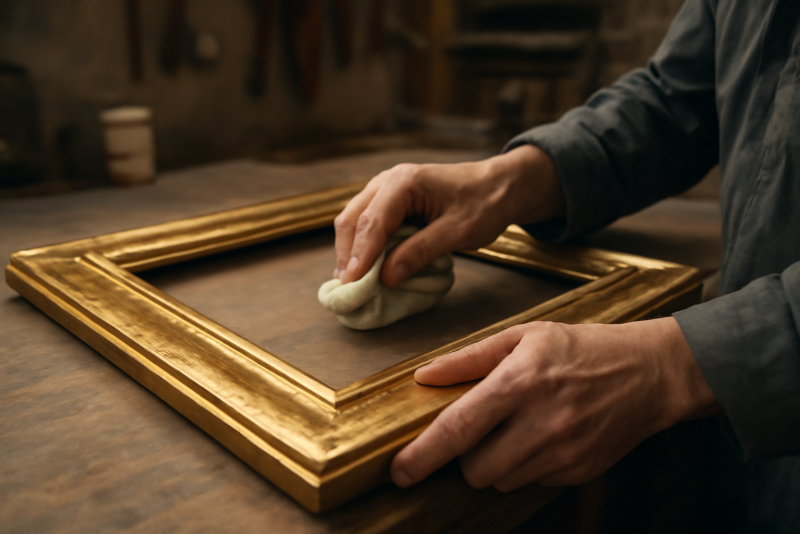 mains polissant un cadre en atelier
