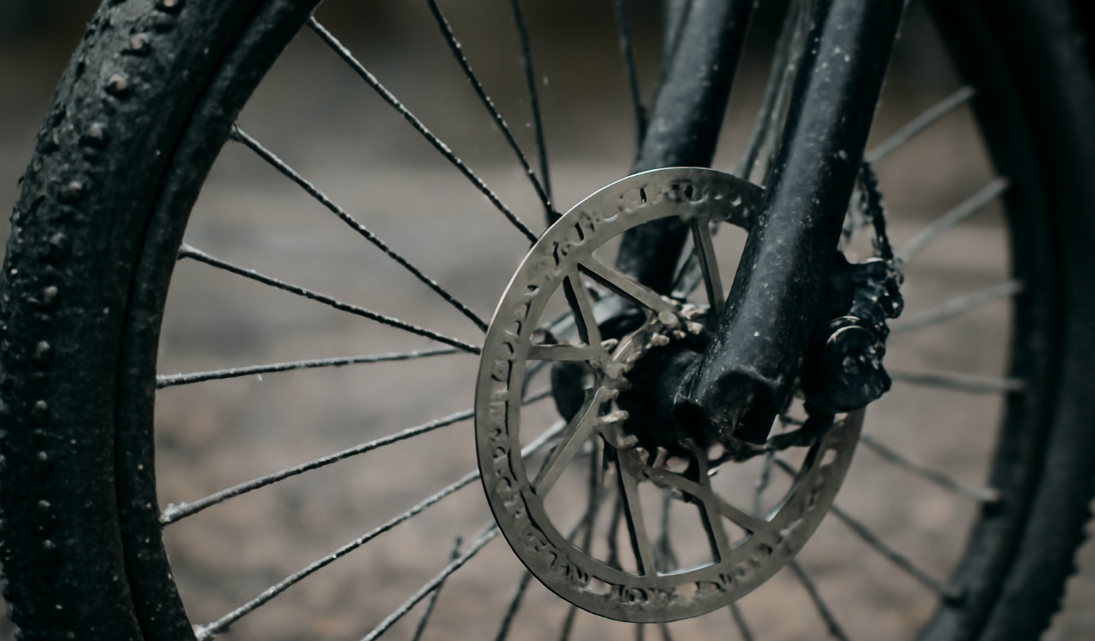 roue de vélo mouillée avec freins visibles