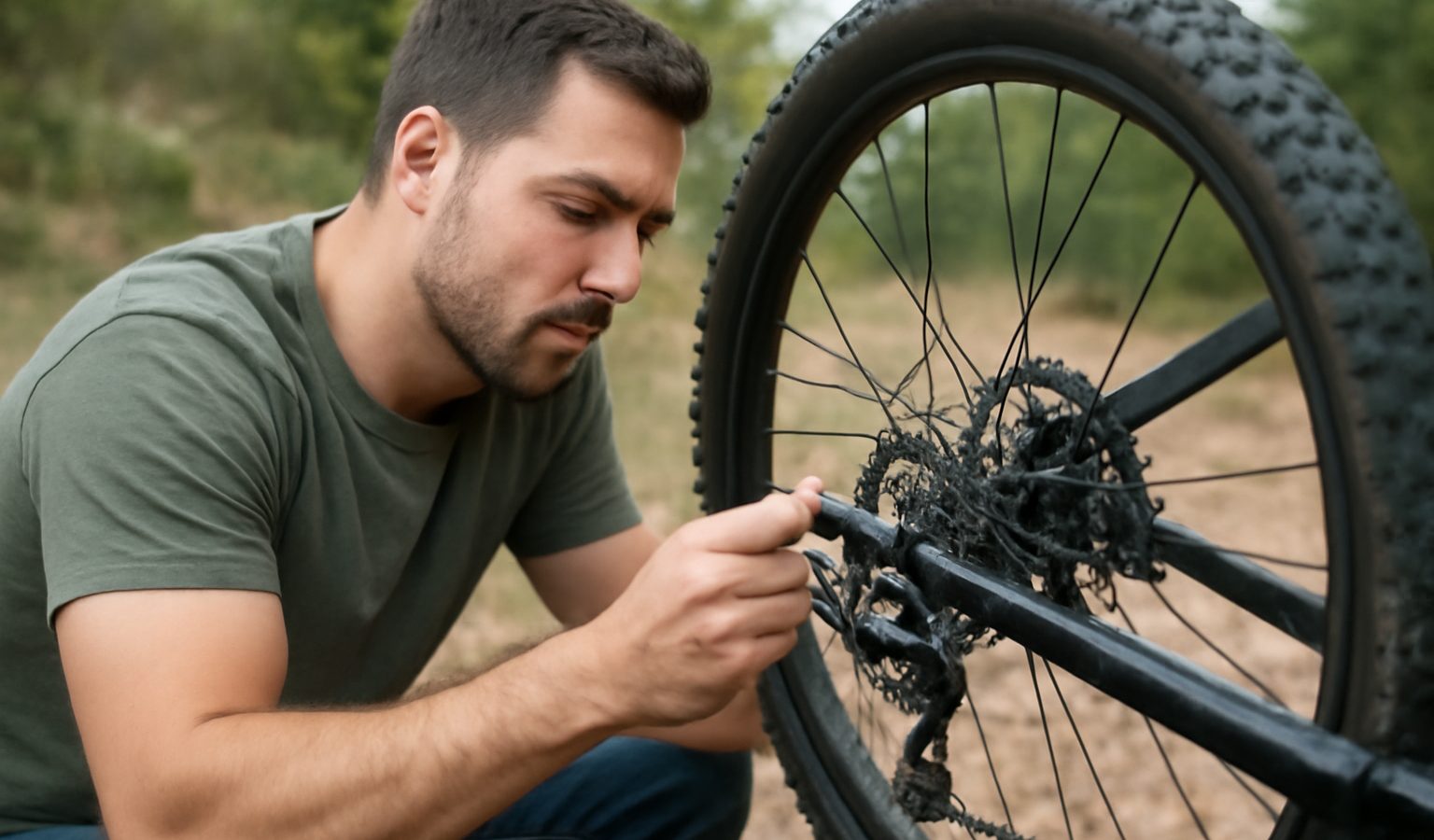 mec reparant une roue de vtt dehors