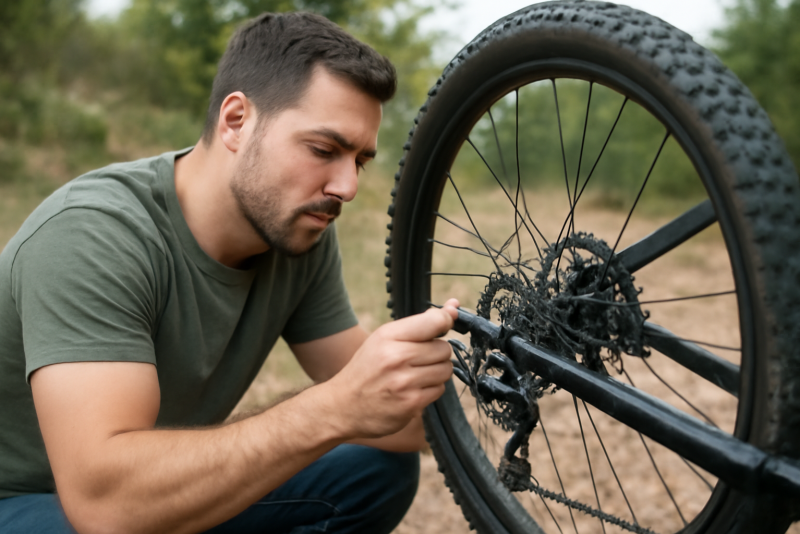 mec reparant une roue de vtt dehors