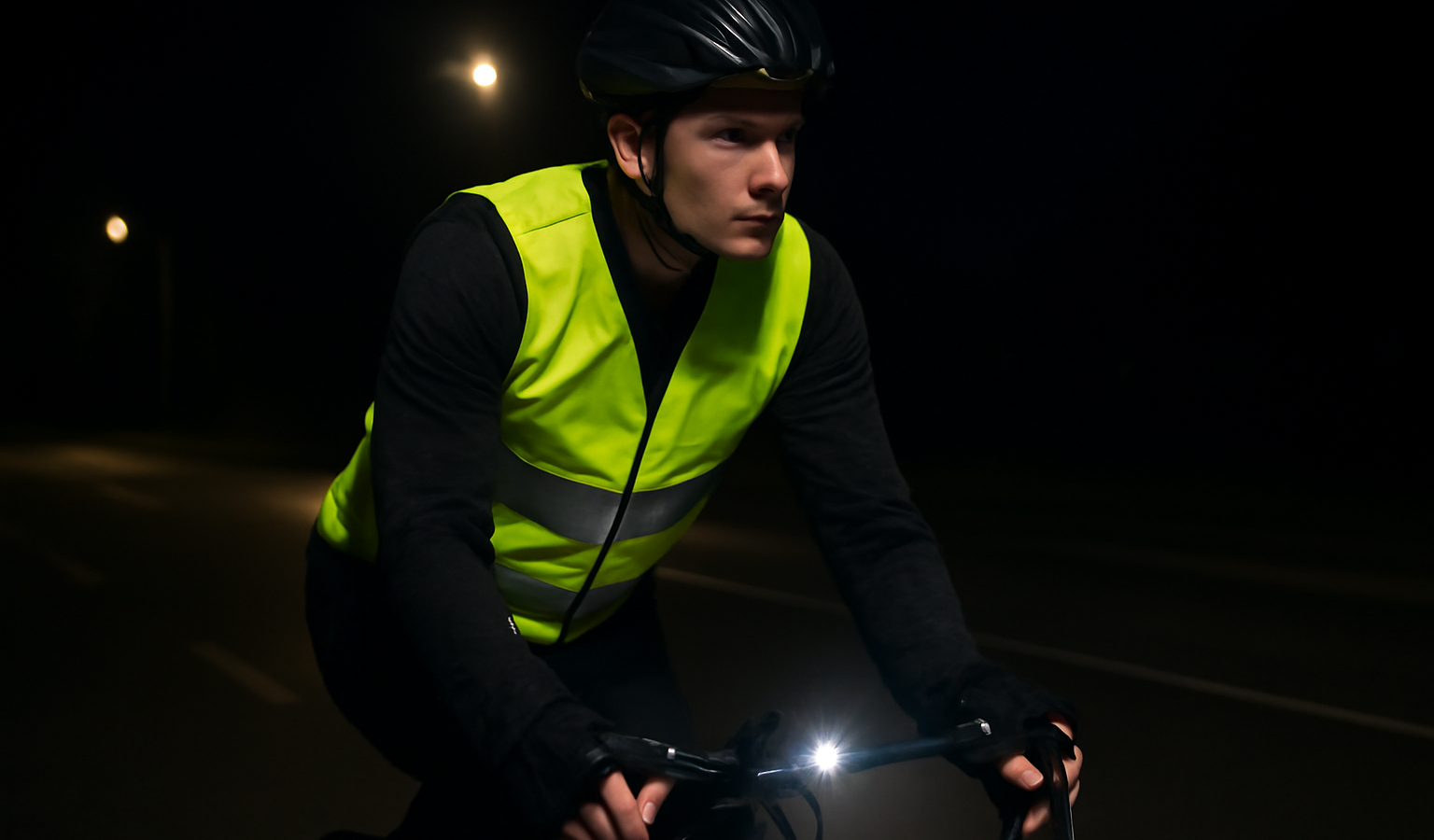 cycliste portant un gilet fluorescent la nuit