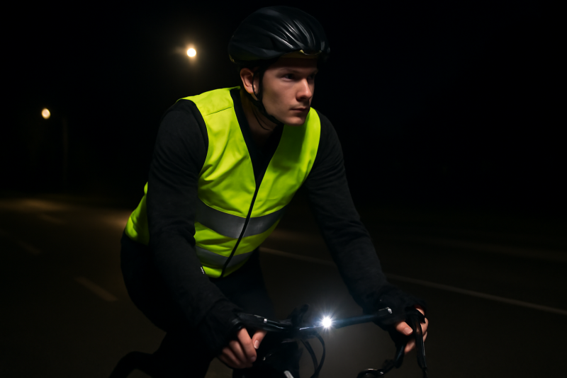 cycliste portant un gilet fluorescent la nuit