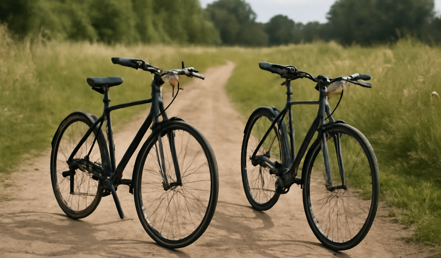 deux vélos alignés sur chemin de terre