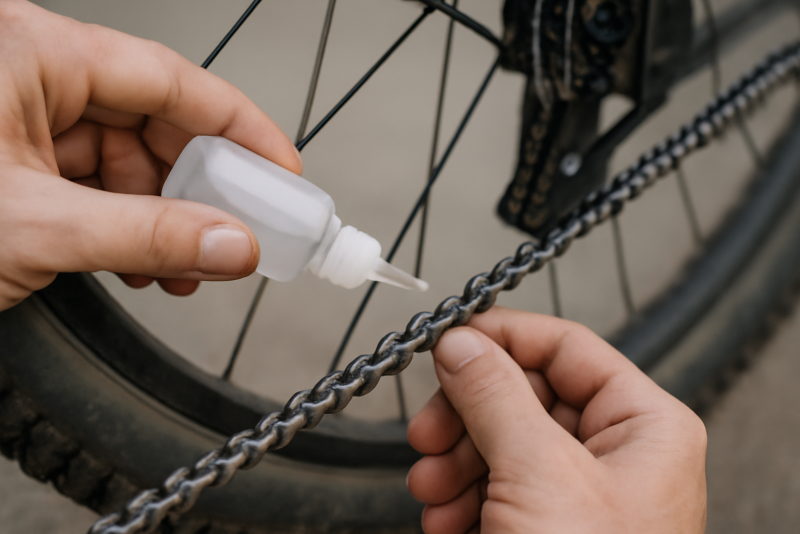 mains appliquant lubrifiant sur chaîne de vélo