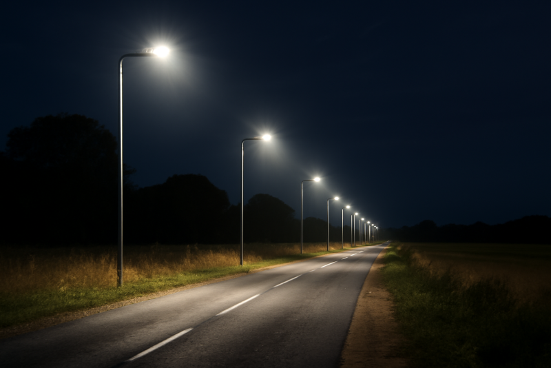 lampes puissantes éclairant une route de campagne