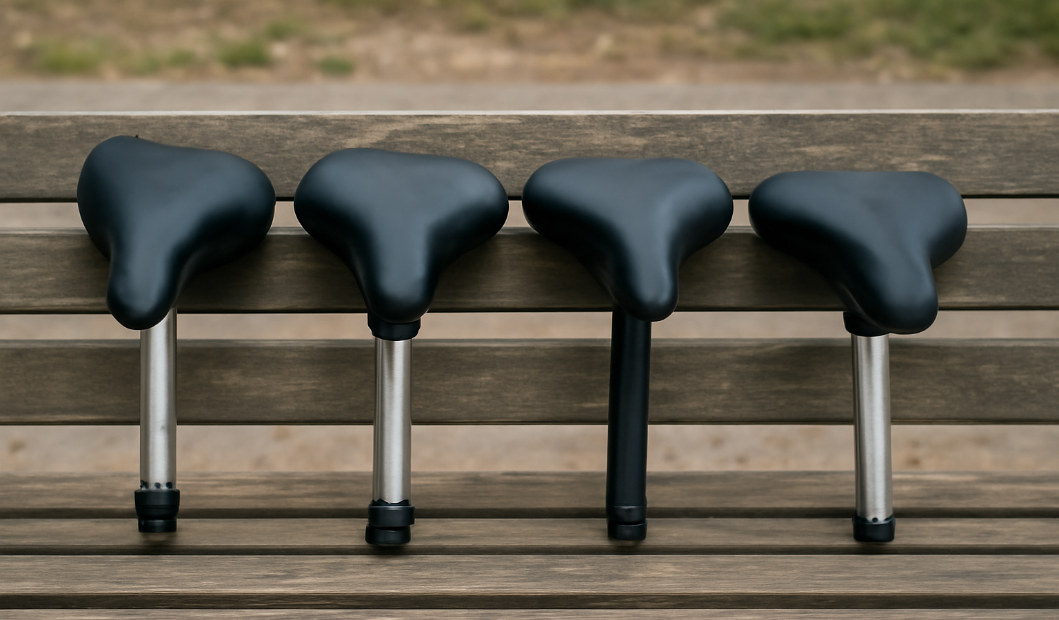 plusieurs selles de velo alignees sur un banc