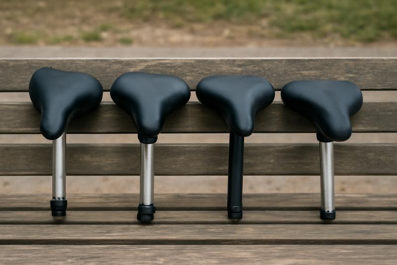 plusieurs selles de velo alignees sur un banc