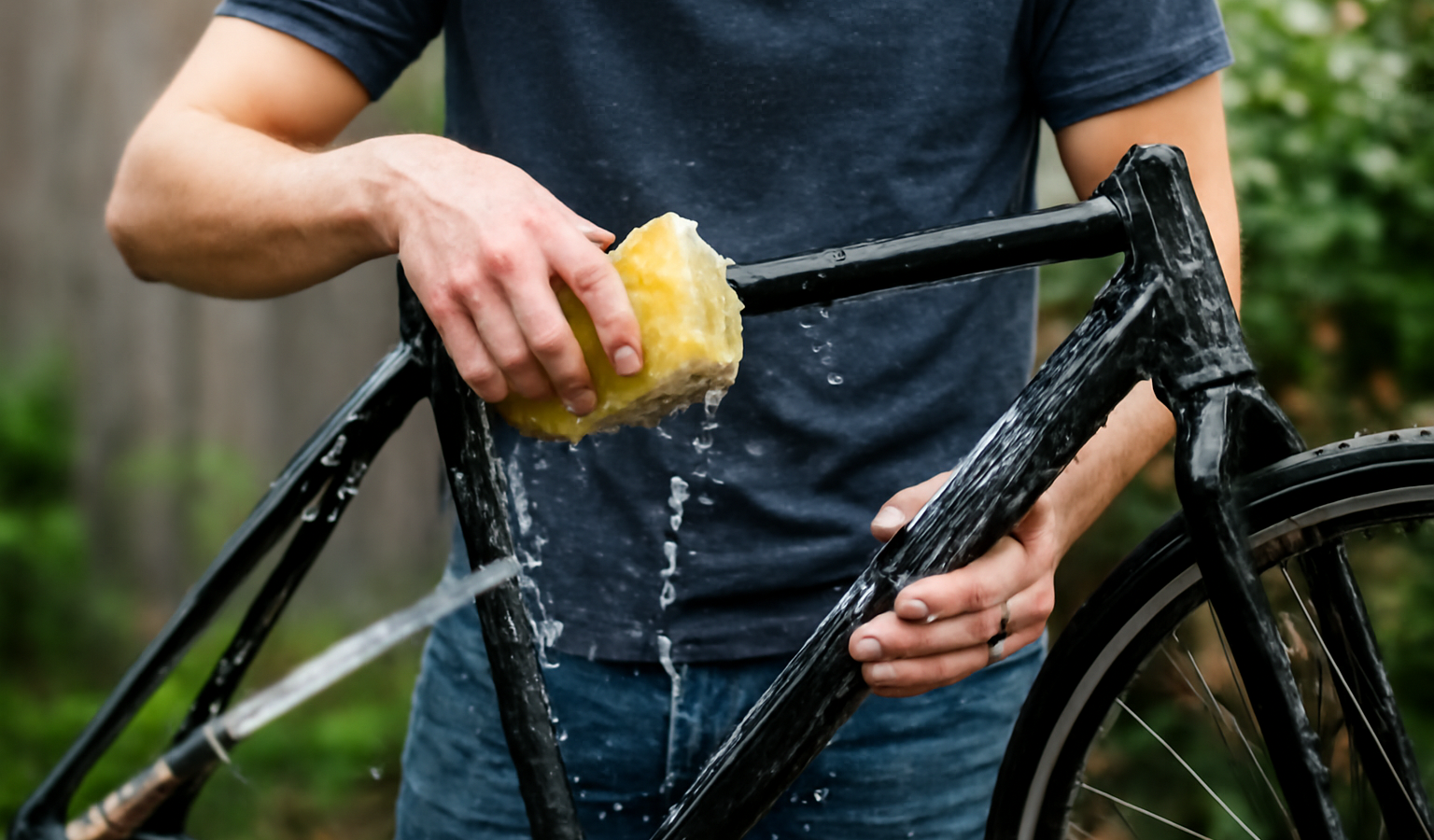 personne lavant un cadre de velo dehors
