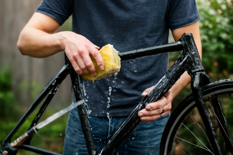 personne lavant un cadre de velo dehors