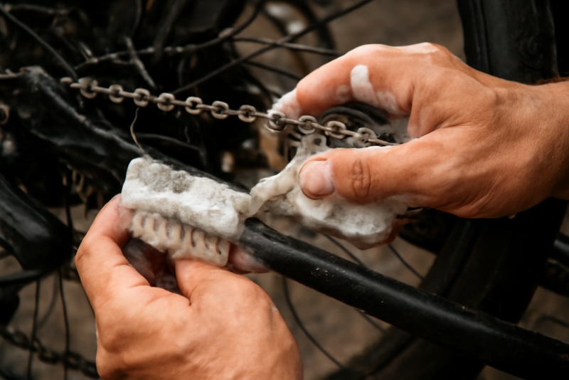 mains nettoyant une chaîne de vélo