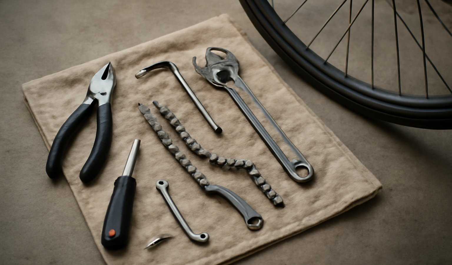 outils disposés sur chiffon près d'un vélo