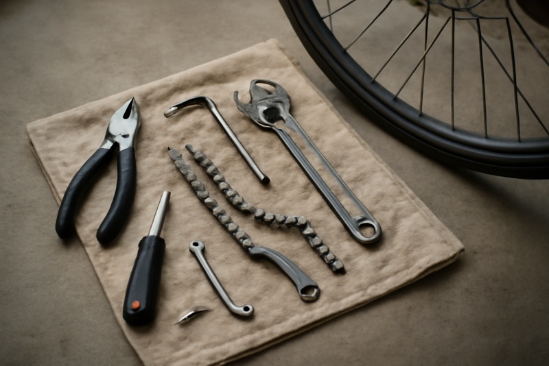 outils disposés sur chiffon près d'un vélo