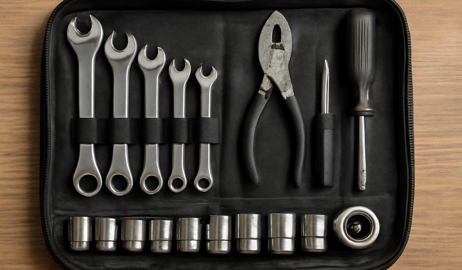 trousse à outils ouverte avec clés et chambres