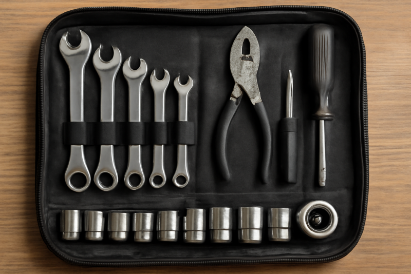 trousse à outils ouverte avec clés et chambres