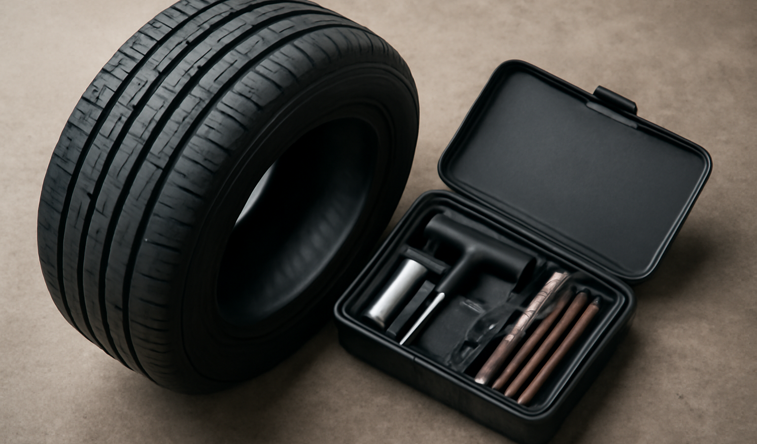 pneu posé à côté d'un kit de réparation