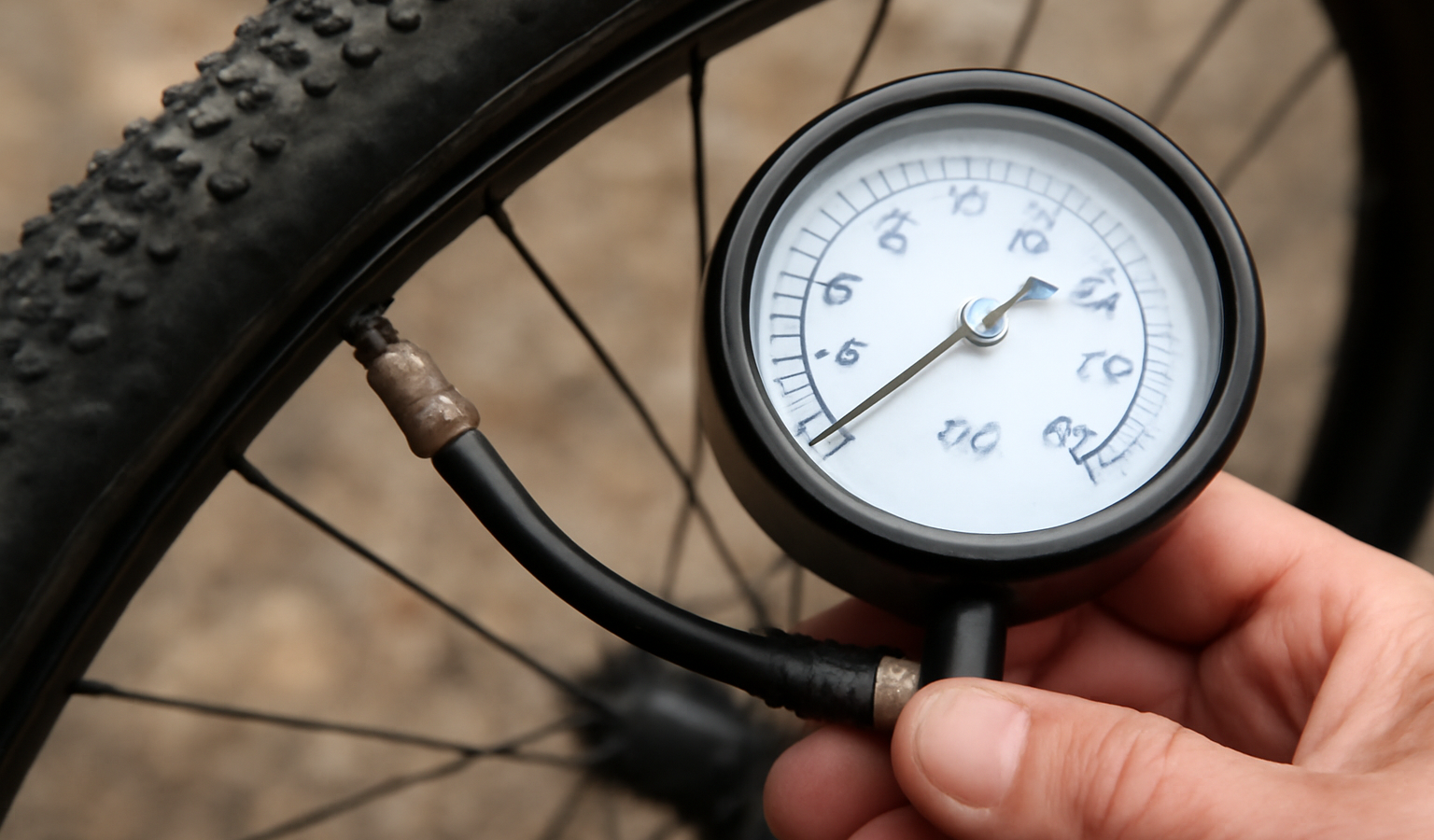manomètre vérifiant la pression d'un pneu gravel